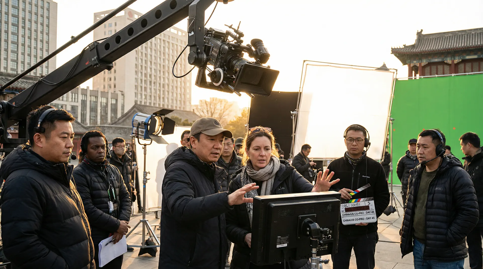 探花与国际影视团队合作拍摄现场